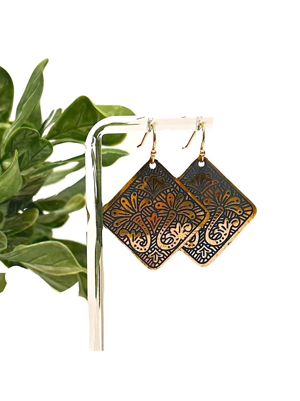 CHICO’s Gold Vintage Blue Floral Design Square Dangle Earrings NWT​